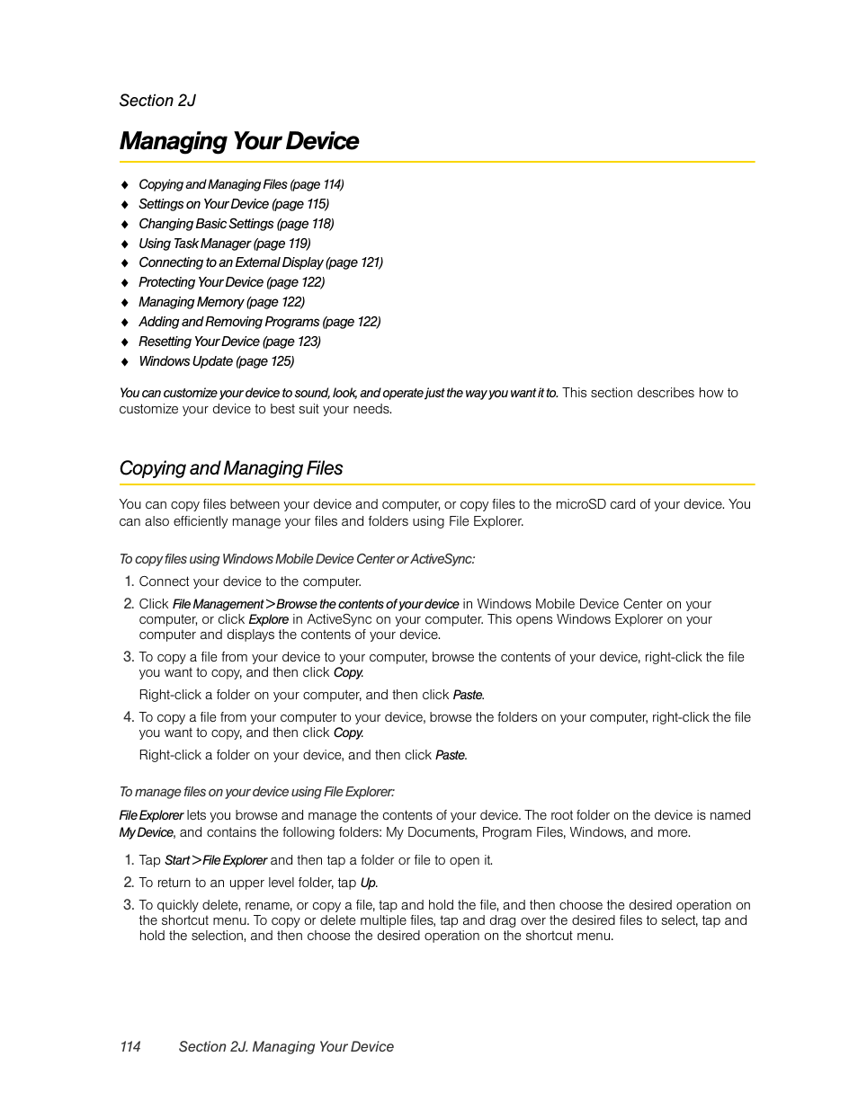 Managing your device, Copying and managing files, 2j. managing your device | 114 for | HTC Pro2 User Manual | Page 124 / 234