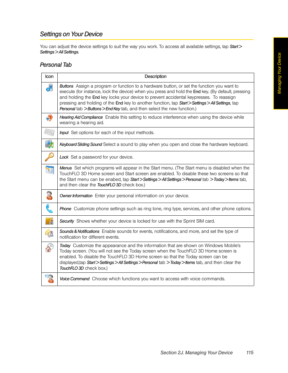 Settings on your device, Personal tab | HTC Pro2 User Manual | Page 125 / 234