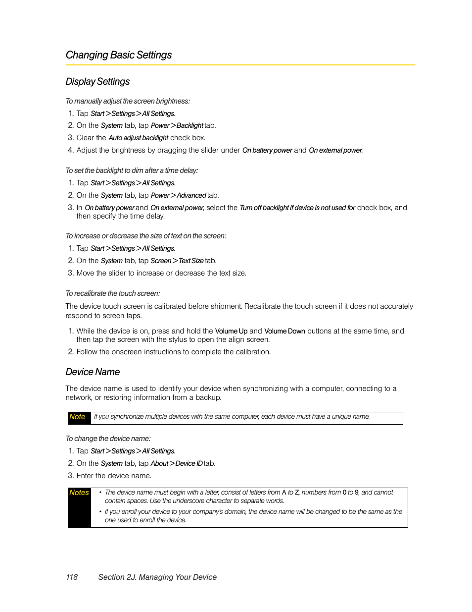 Changing basic settings, Display settings, Device name | HTC Pro2 User Manual | Page 128 / 234