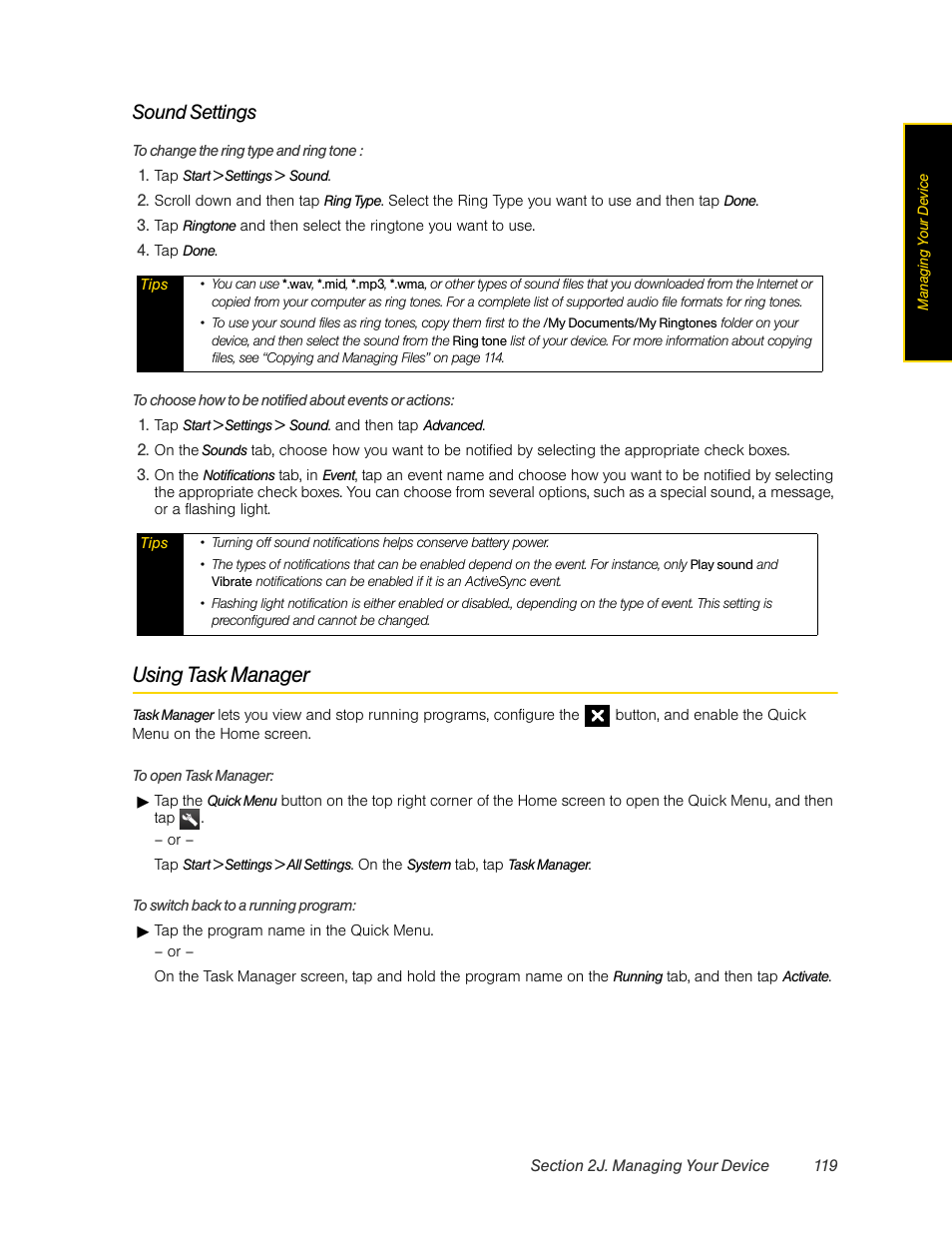 Using task manager, Sound settings | HTC Pro2 User Manual | Page 129 / 234