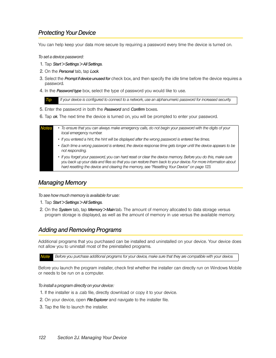 Protecting your device, Managing memory, Adding and removing programs | HTC Pro2 User Manual | Page 132 / 234