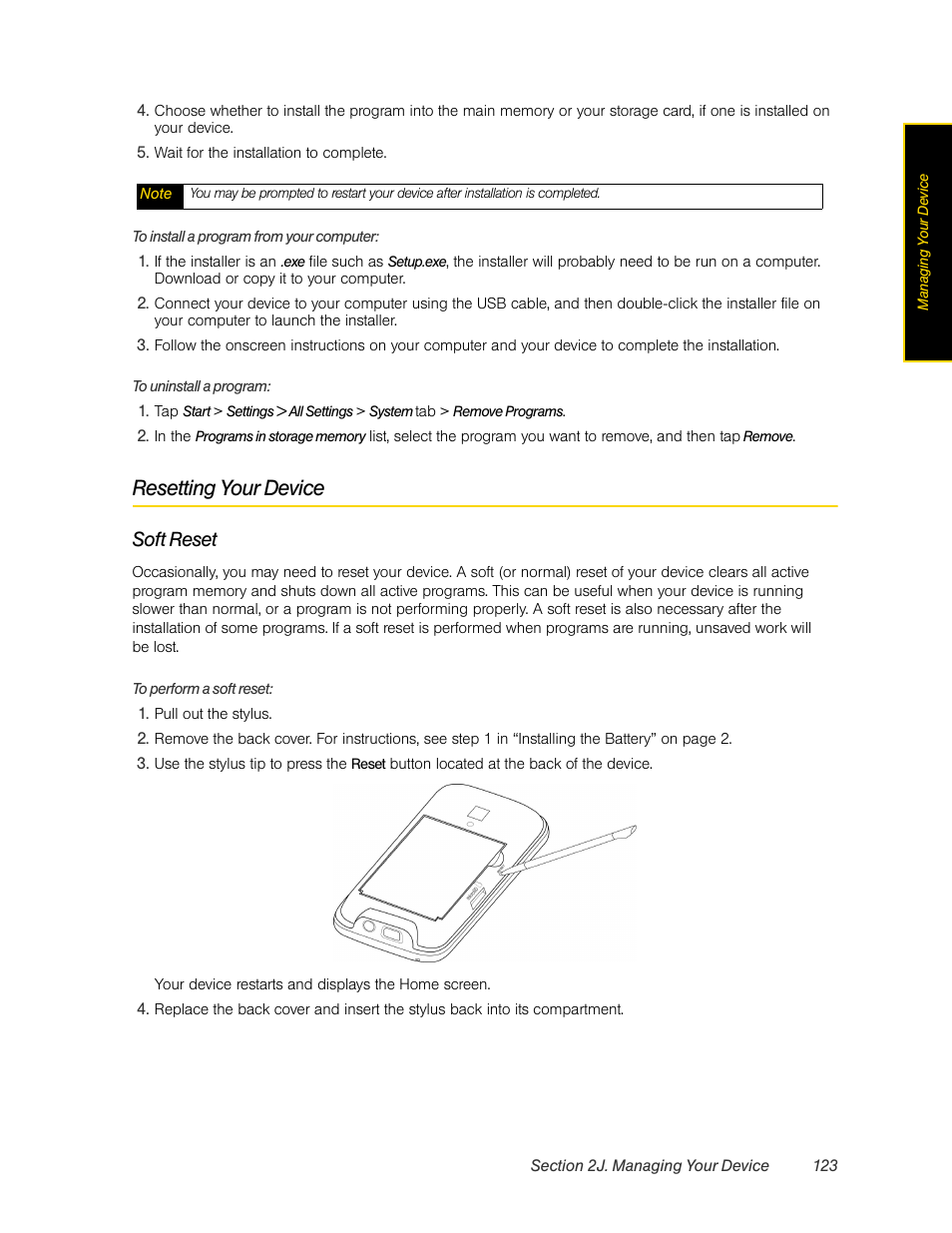 Resetting your device, Soft reset | HTC Pro2 User Manual | Page 133 / 234