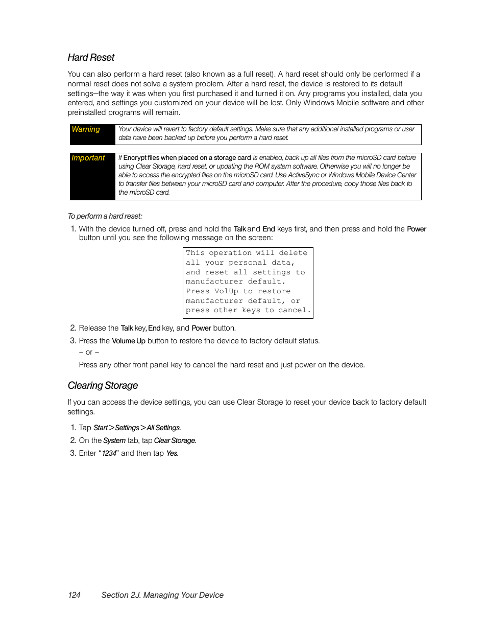 Hard reset, Clearing storage | HTC Pro2 User Manual | Page 134 / 234