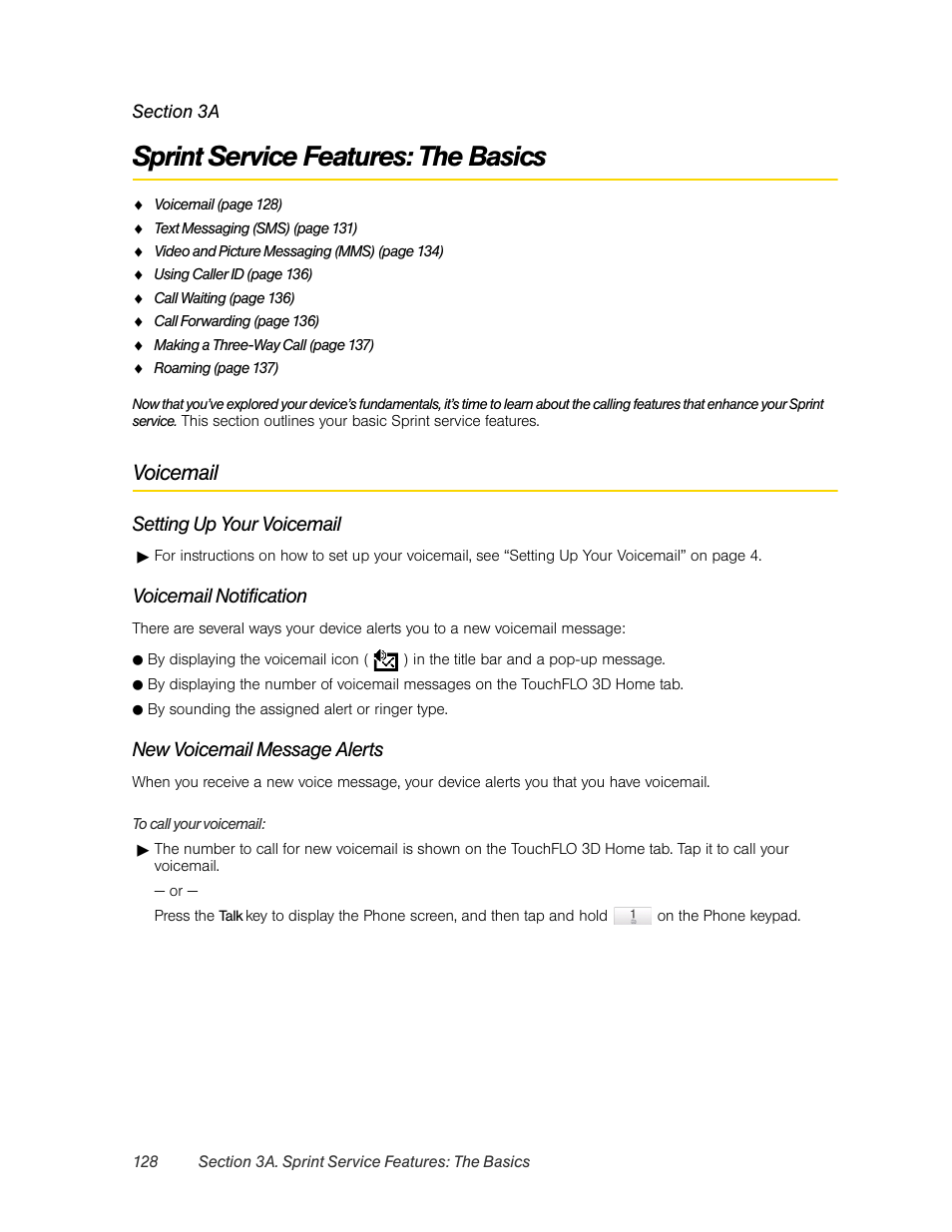Sprint service features: the basics, Voicemail, 3a. sprint service features: the basics | Setting up your voicemail, Voicemail notification, New voicemail message alerts | HTC Pro2 User Manual | Page 138 / 234