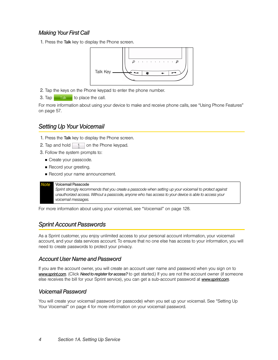 Setting up your voicemail, Sprint account passwords, Making your first call | Account user name and password, Voicemail password | HTC Pro2 User Manual | Page 14 / 234