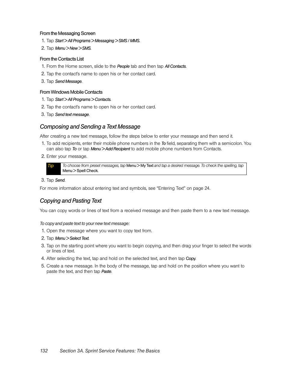 Composing and sending a text message, Copying and pasting text | HTC Pro2 User Manual | Page 142 / 234