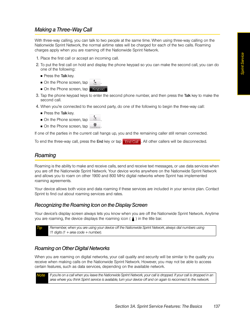 Making a three-way call, Roaming, Recognizing the roaming icon on the display screen | Roaming on other digital networks | HTC Pro2 User Manual | Page 147 / 234
