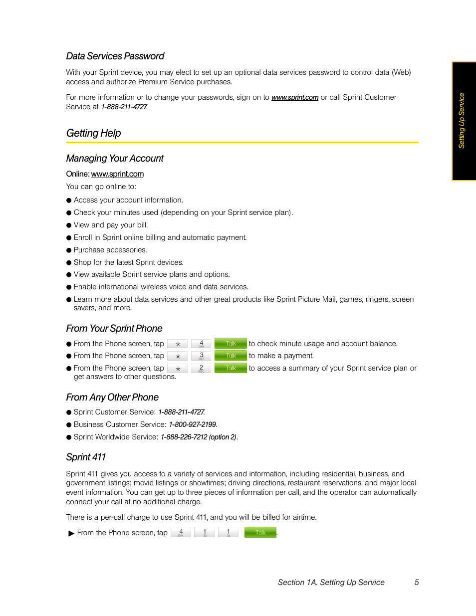 Getting help, Data services password, Managing your account | Sprint 411 | HTC Pro2 User Manual | Page 15 / 234