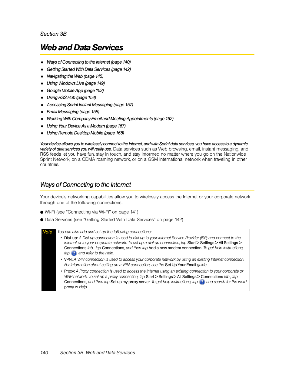 Web and data services, Ways of connecting to the internet, 3b. web and data services | HTC Pro2 User Manual | Page 150 / 234