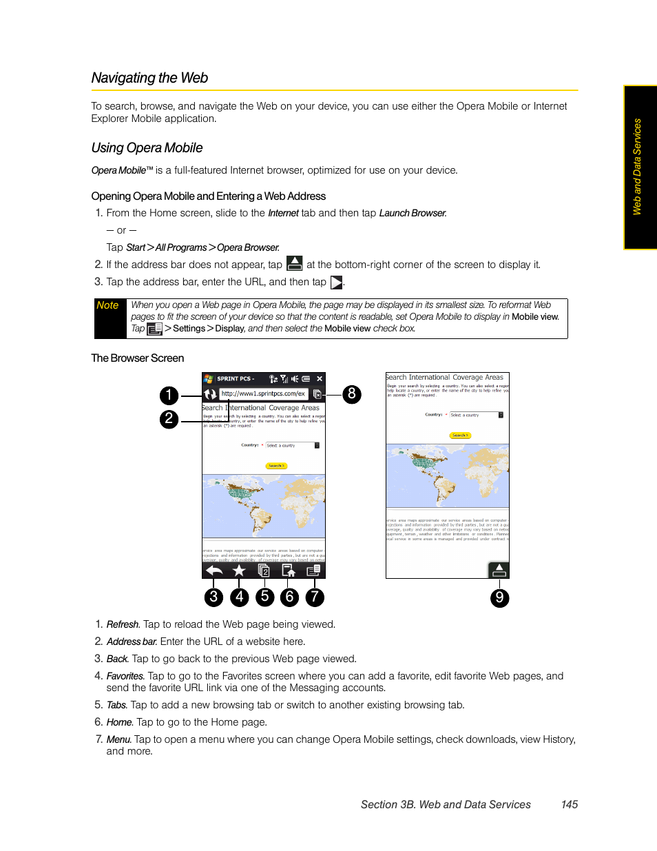 Navigating the web, Using opera mobile | HTC Pro2 User Manual | Page 155 / 234