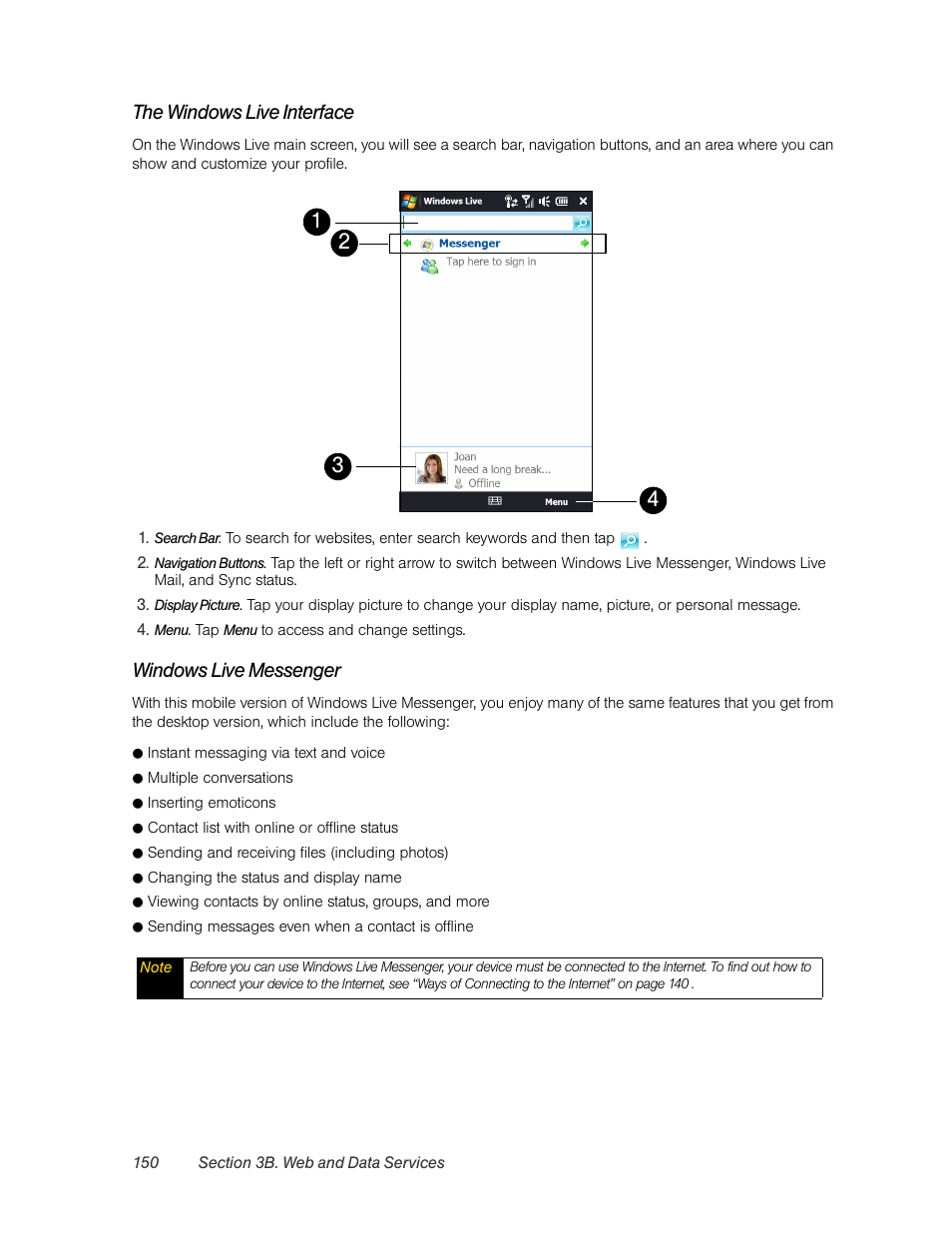 The windows live interface, Windows live messenger | HTC Pro2 User Manual | Page 160 / 234