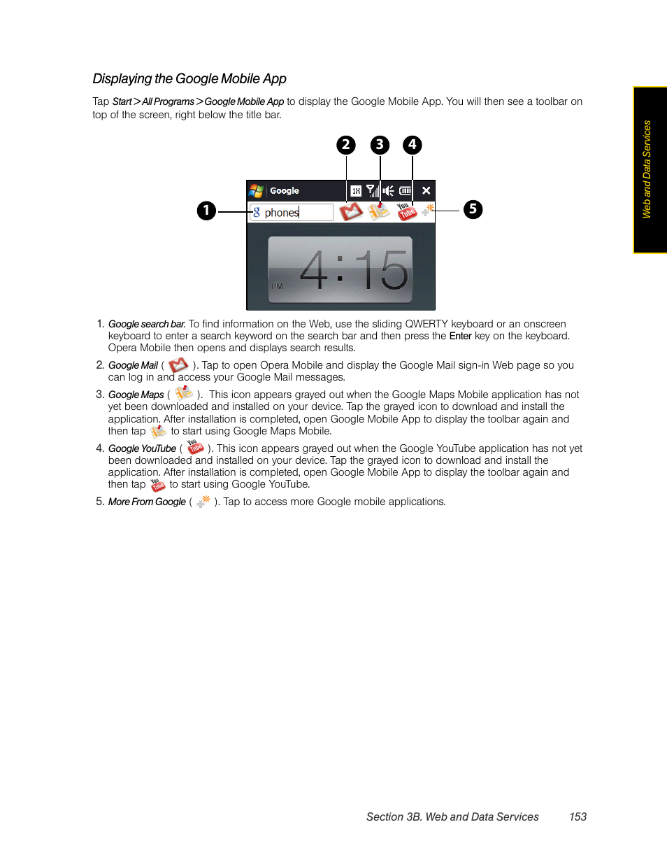 Displaying the google mobile app | HTC Pro2 User Manual | Page 163 / 234