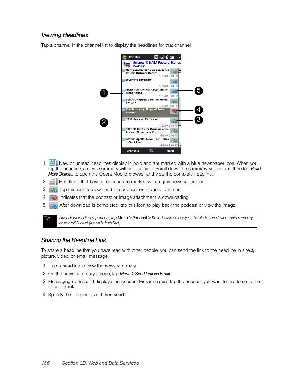 Viewing headlines, Sharing the headline link | HTC Pro2 User Manual | Page 166 / 234