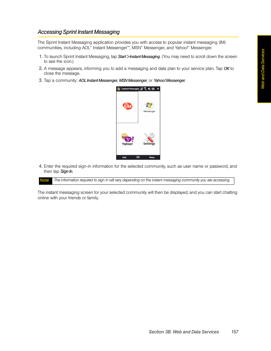 Accessing sprint instant messaging | HTC Pro2 User Manual | Page 167 / 234