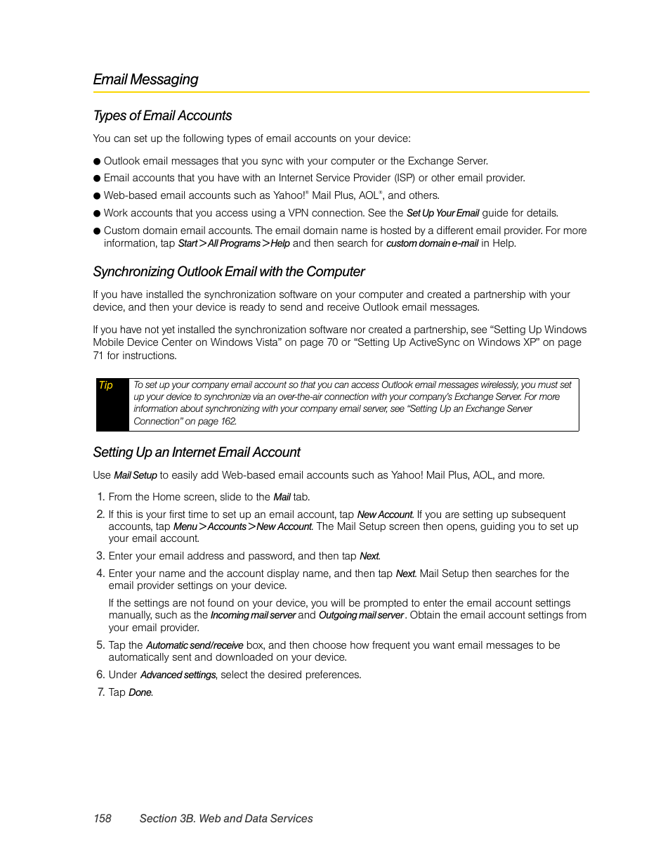 Email messaging, Types of email accounts, Synchronizing outlook email with the computer | Setting up an internet email account | HTC Pro2 User Manual | Page 168 / 234