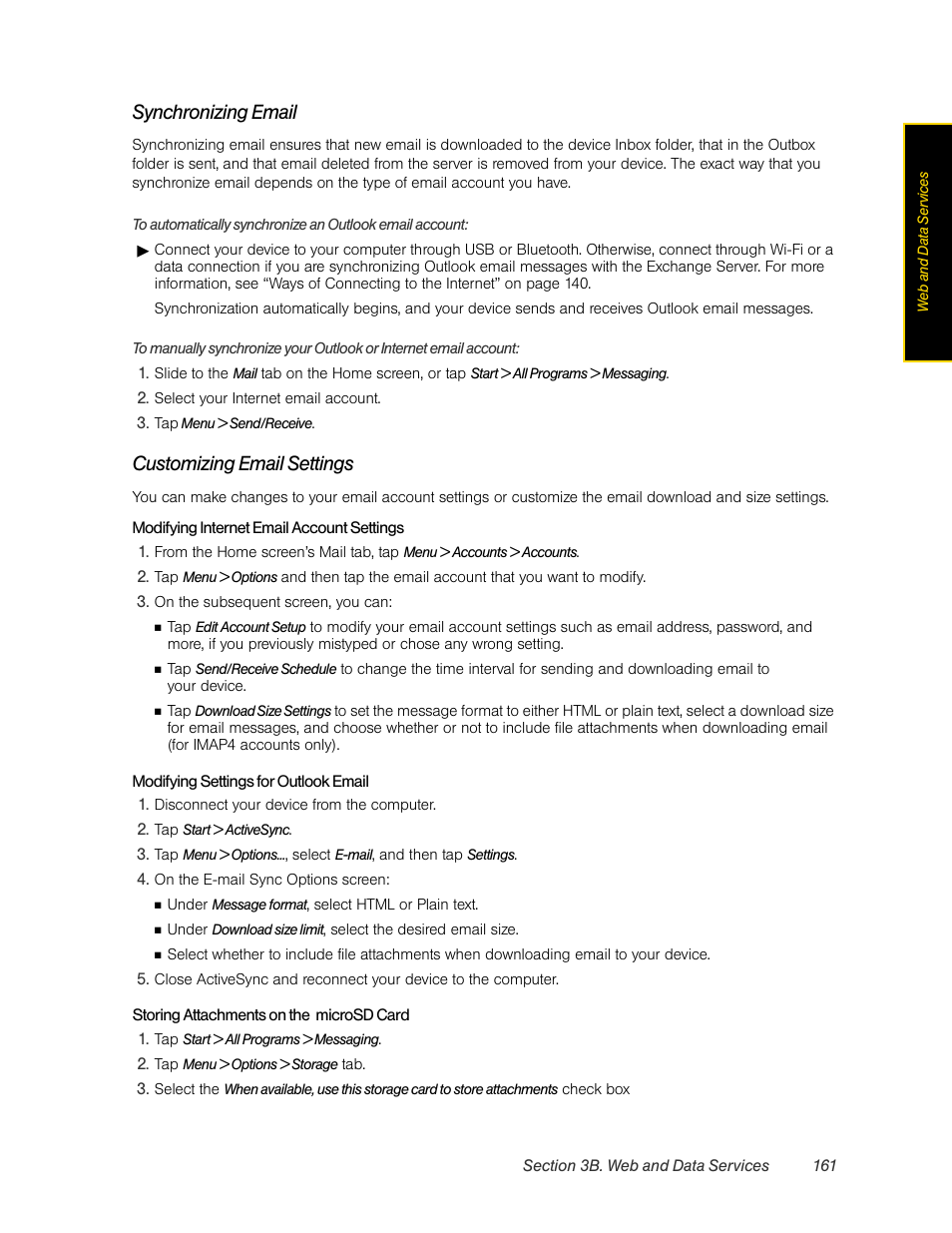 Synchronizing email, Customizing email settings | HTC Pro2 User Manual | Page 171 / 234