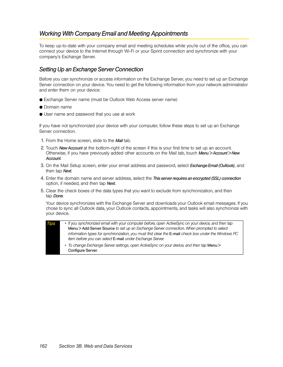 Setting up an exchange server connection | HTC Pro2 User Manual | Page 172 / 234