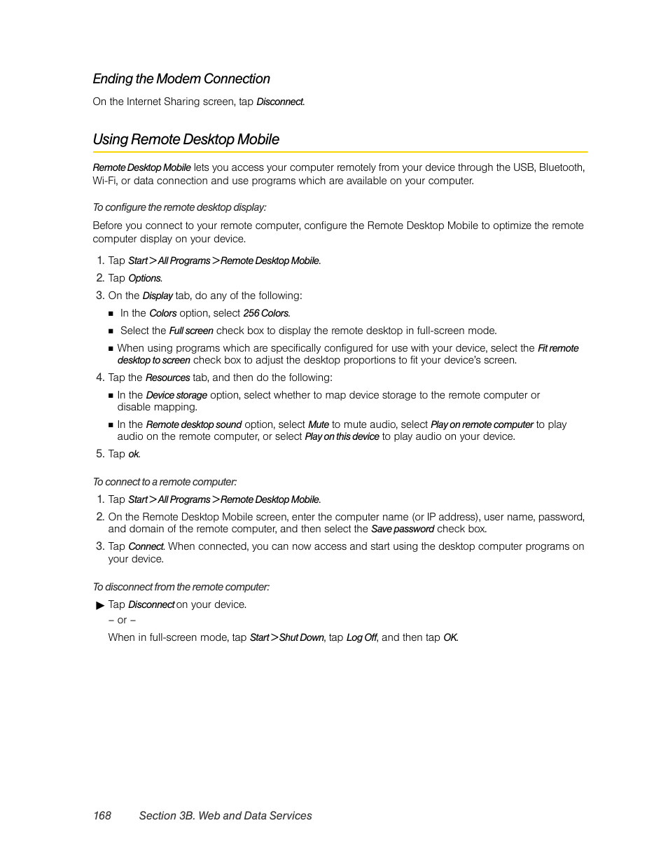 Using remote desktop mobile, Ending the modem connection | HTC Pro2 User Manual | Page 178 / 234