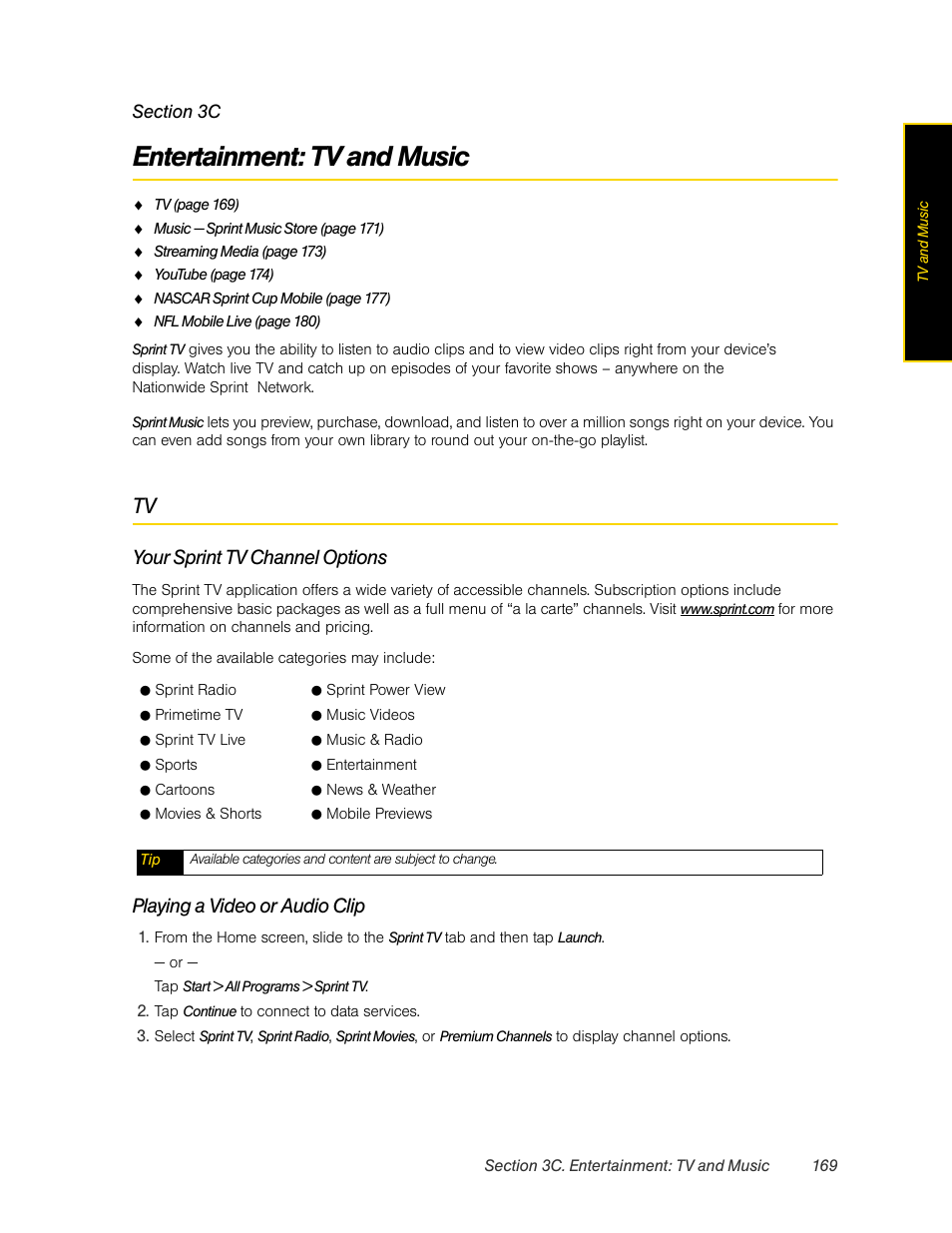 Entertainment: tv and music, 3c. entertainment: tv and music, Your sprint tv channel options | Playing a video or audio clip | HTC Pro2 User Manual | Page 179 / 234