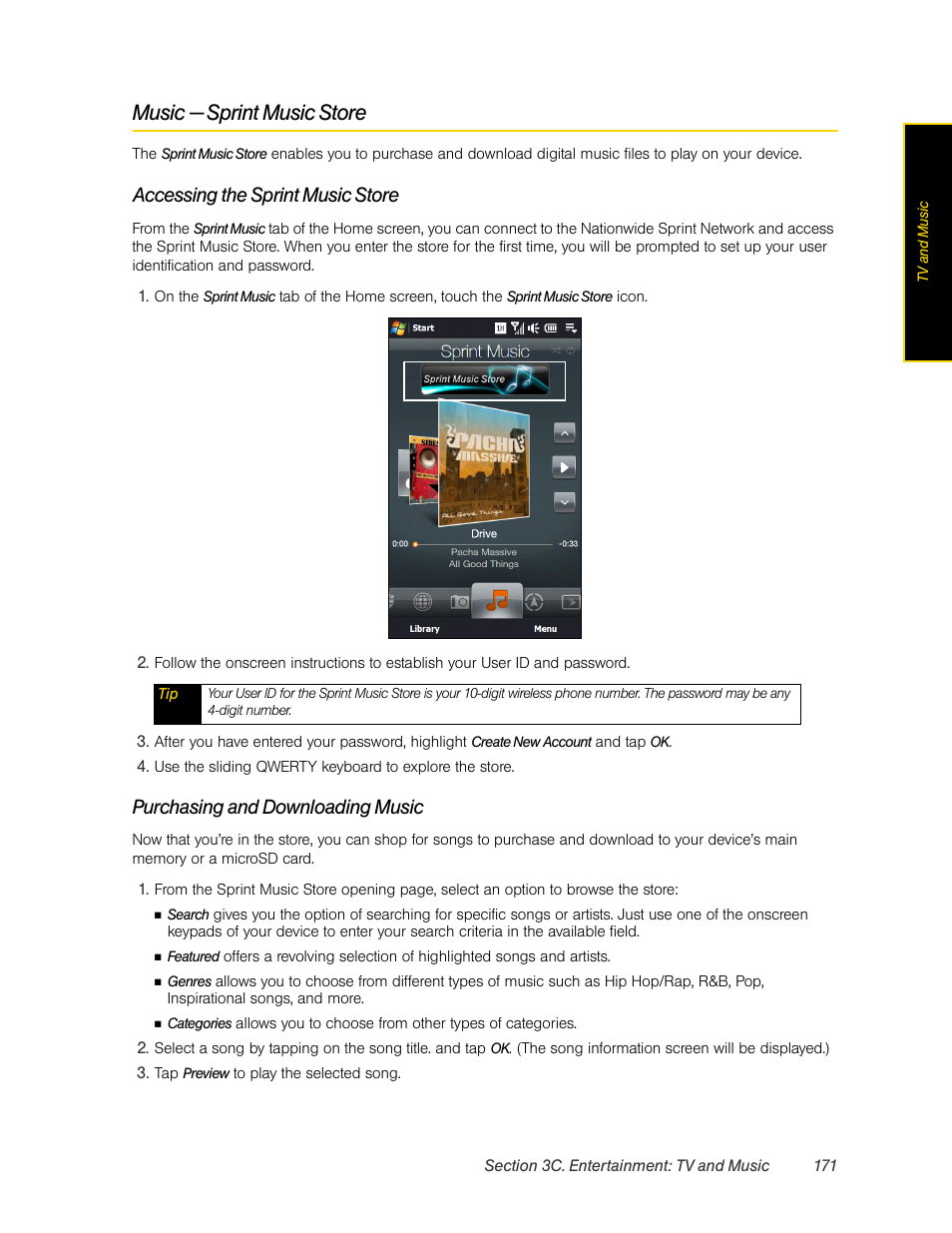 Music — sprint music store, E. see “music — sprint music store” on, Accessing the sprint music store | Purchasing and downloading music | HTC Pro2 User Manual | Page 181 / 234