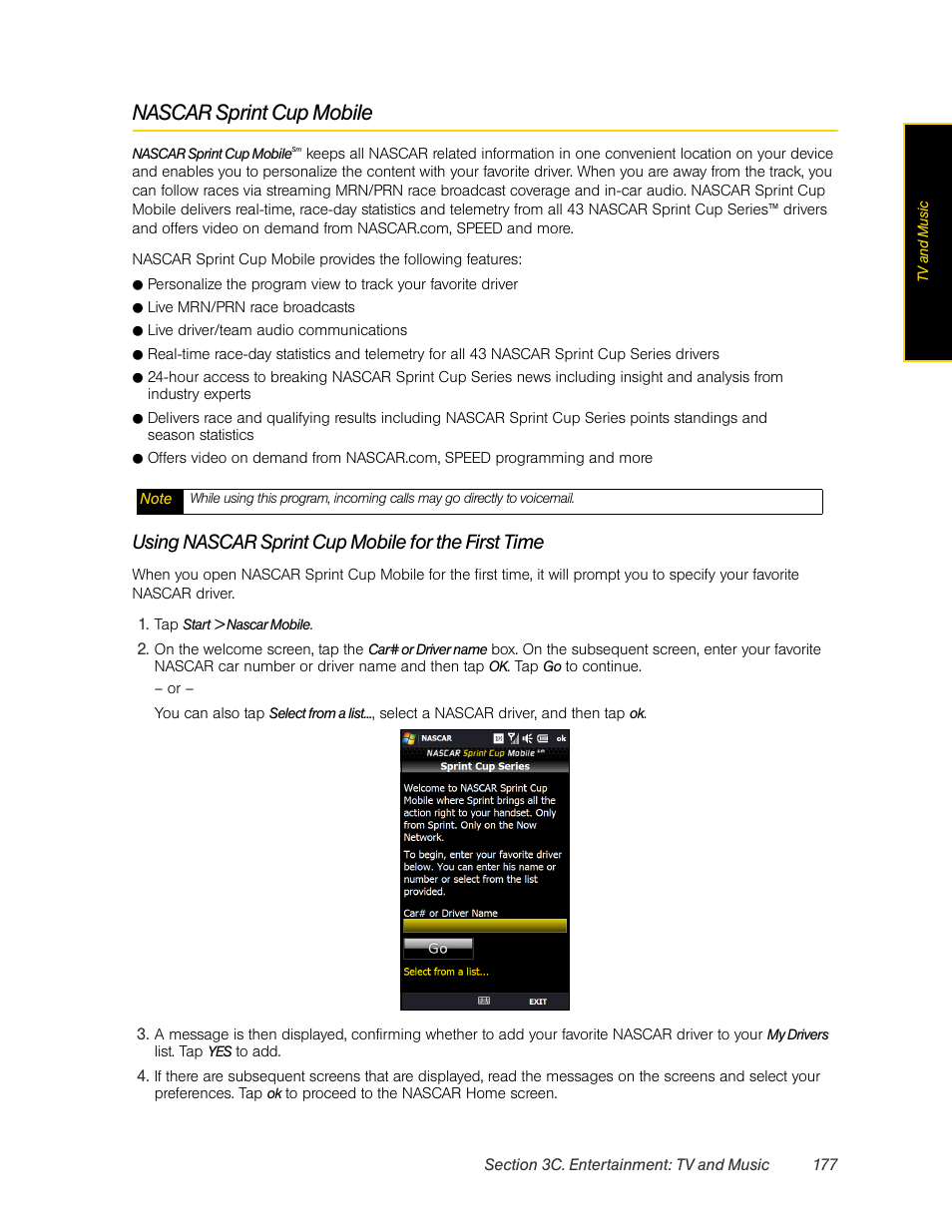 Nascar sprint cup mobile, Using nascar sprint cup mobile for the first time | HTC Pro2 User Manual | Page 187 / 234