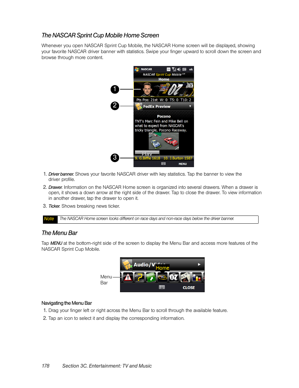 The nascar sprint cup mobile home screen, The menu bar | HTC Pro2 User Manual | Page 188 / 234