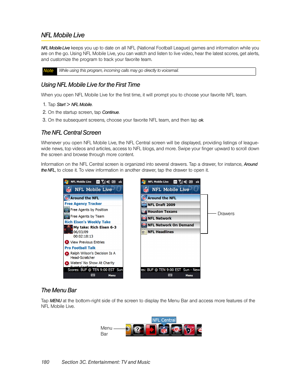 Nfl mobile live, Using nfl mobile live for the first time, The nfl central screen | The menu bar | HTC Pro2 User Manual | Page 190 / 234