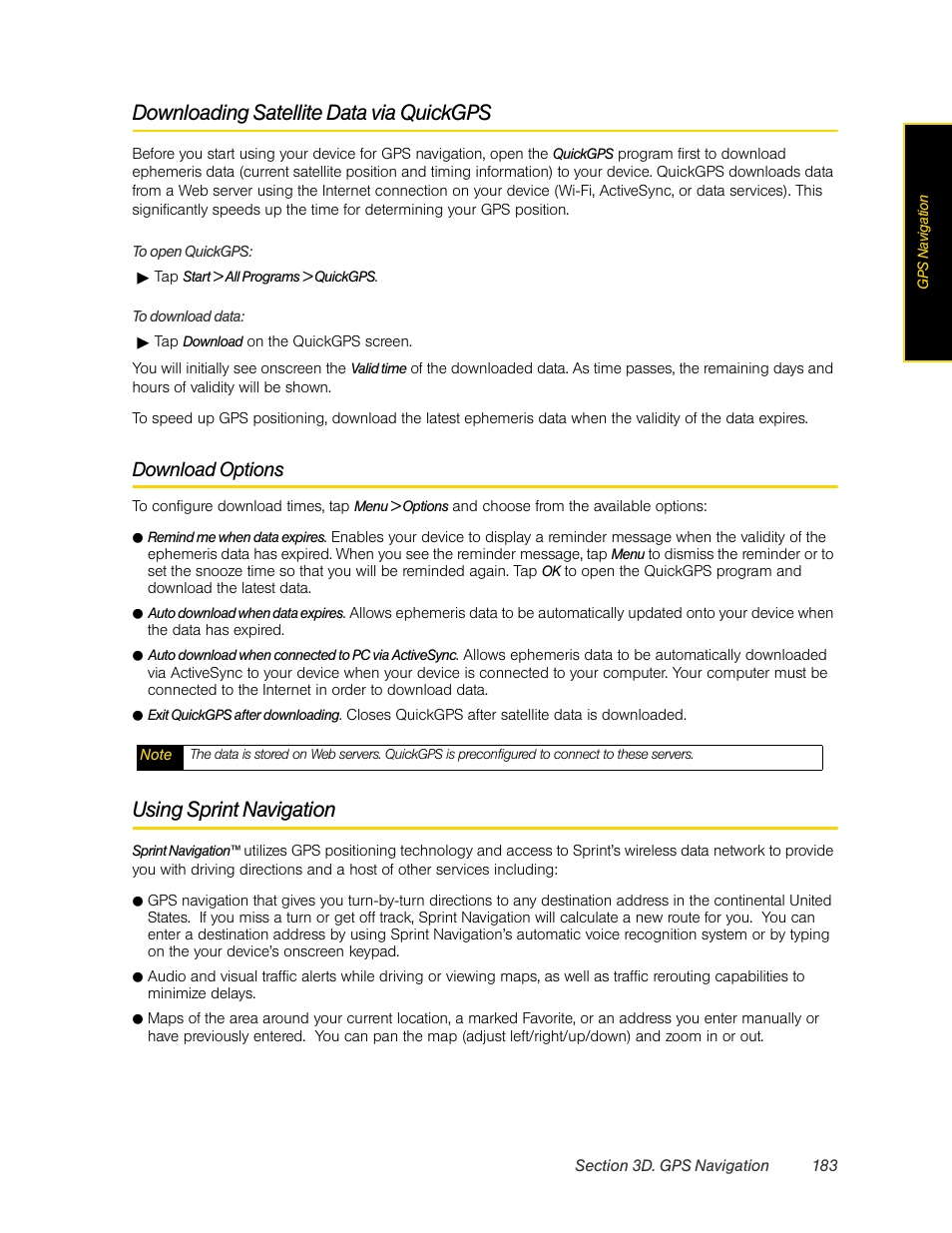 Downloading satellite data via quickgps, Using sprint navigation, Download options | HTC Pro2 User Manual | Page 193 / 234