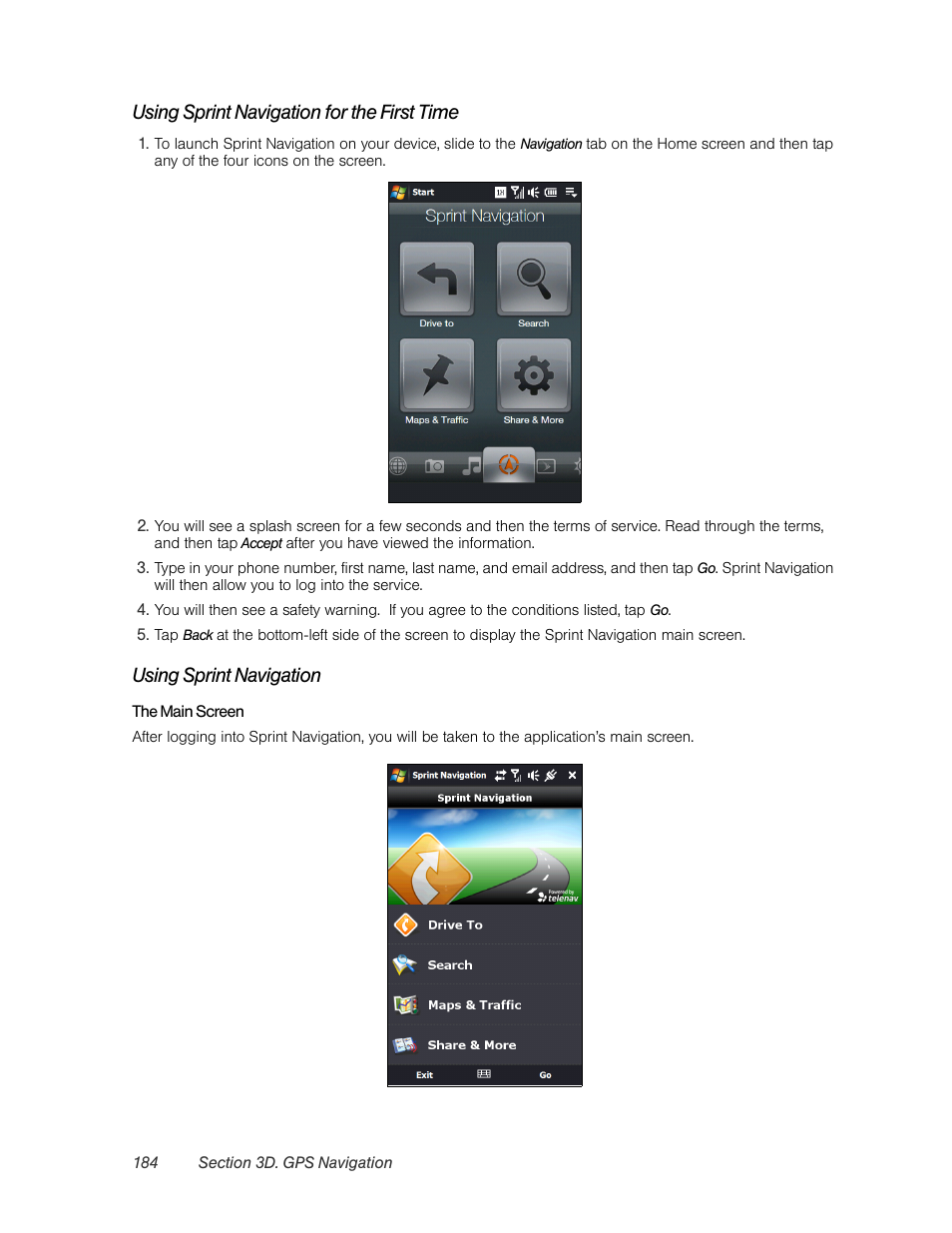 Using sprint navigation for the first time, Using sprint navigation | HTC Pro2 User Manual | Page 194 / 234