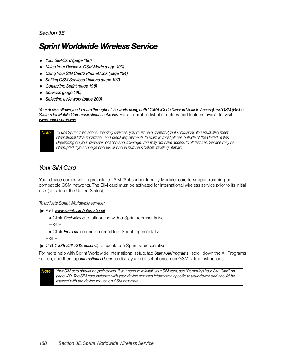 Sprint worldwide wireless service, Your sim card, 3e. sprint worldwide wireless service | HTC Pro2 User Manual | Page 198 / 234