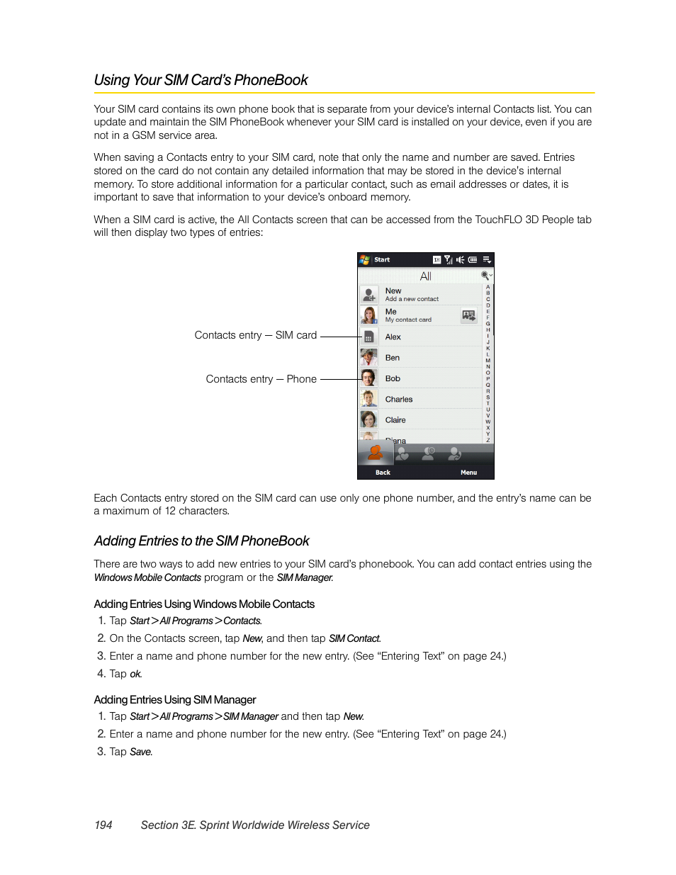 Using your sim card’s phonebook, Adding entries to the sim phonebook | HTC Pro2 User Manual | Page 204 / 234