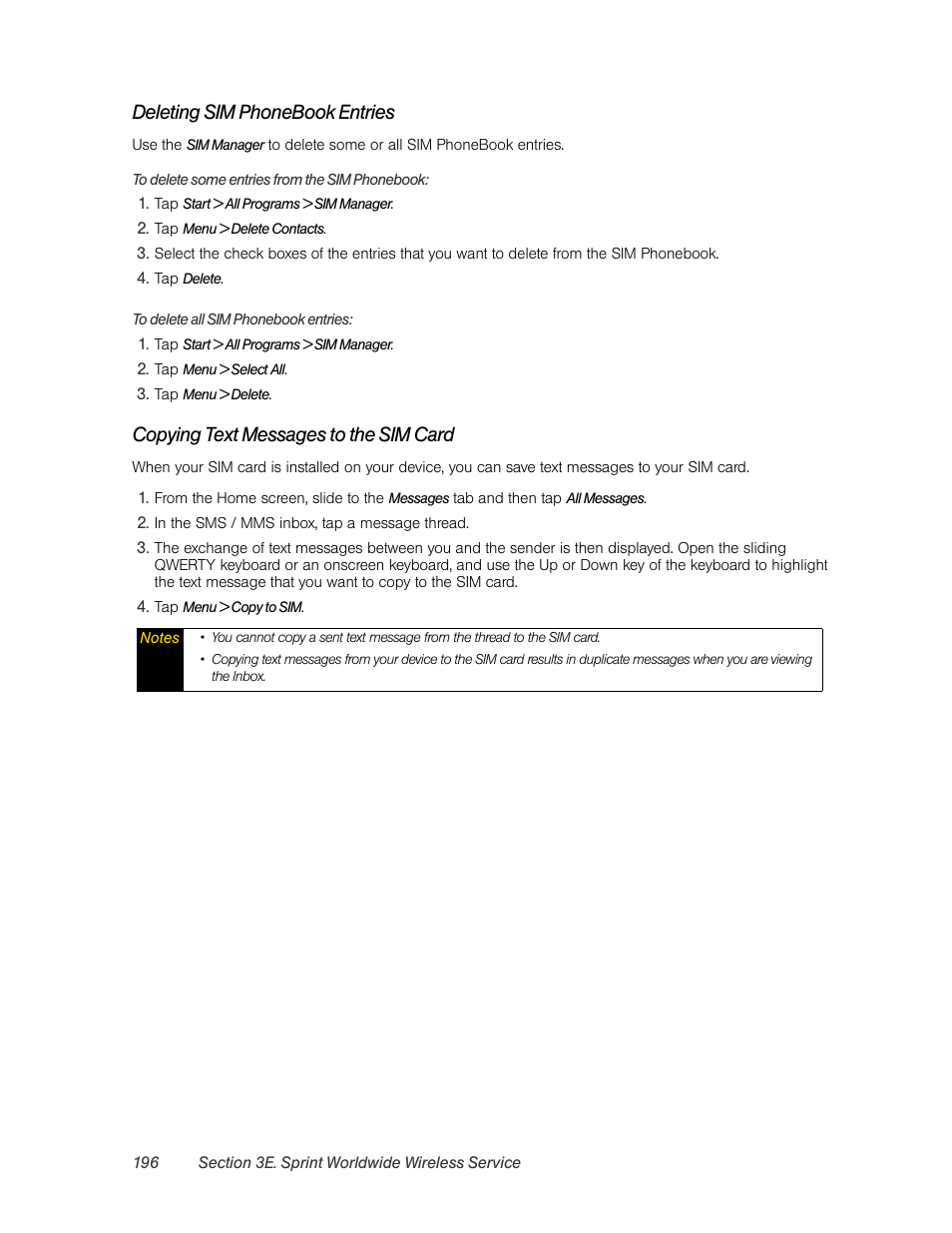 Deleting sim phonebook entries, Copying text messages to the sim card | HTC Pro2 User Manual | Page 206 / 234