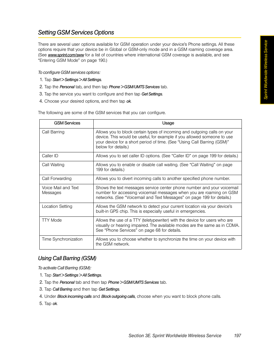Setting gsm services options, Using call barring (gsm) | HTC Pro2 User Manual | Page 207 / 234