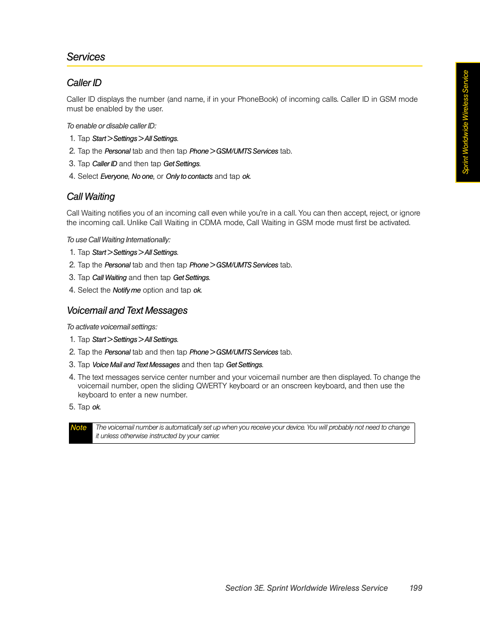 Services, Caller id, Call waiting | Voicemail and text messages | HTC Pro2 User Manual | Page 209 / 234