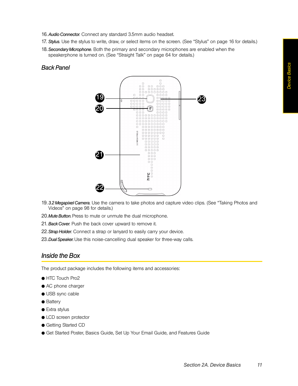 Inside the box, Back panel | HTC Pro2 User Manual | Page 21 / 234