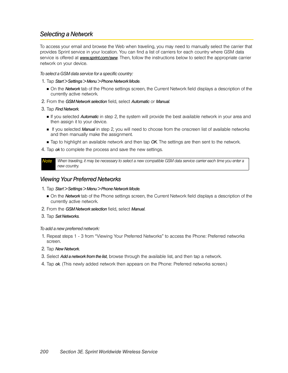 Selecting a network, Viewing your preferred networks | HTC Pro2 User Manual | Page 210 / 234