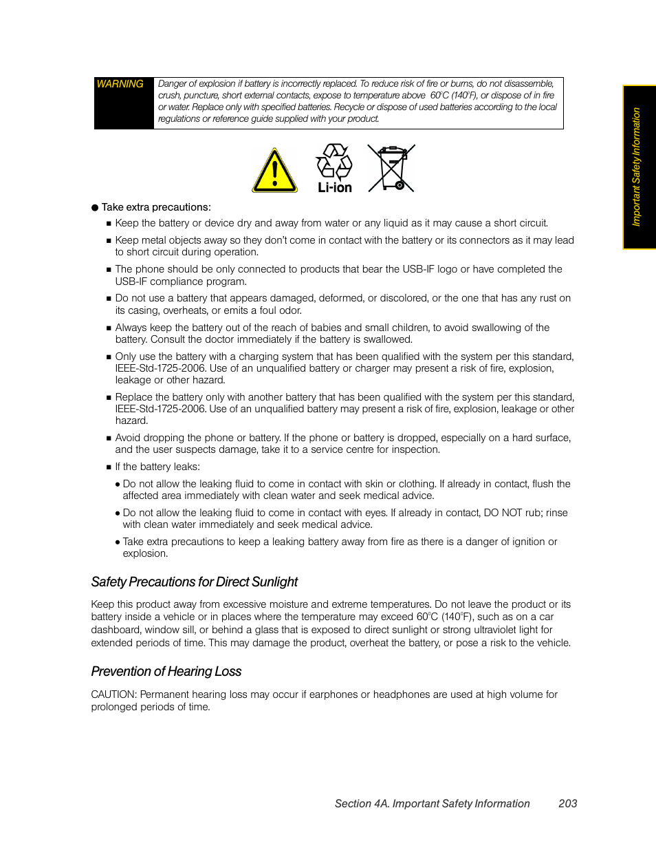 Safety precautions for direct sunlight, Prevention of hearing loss | HTC Pro2 User Manual | Page 213 / 234