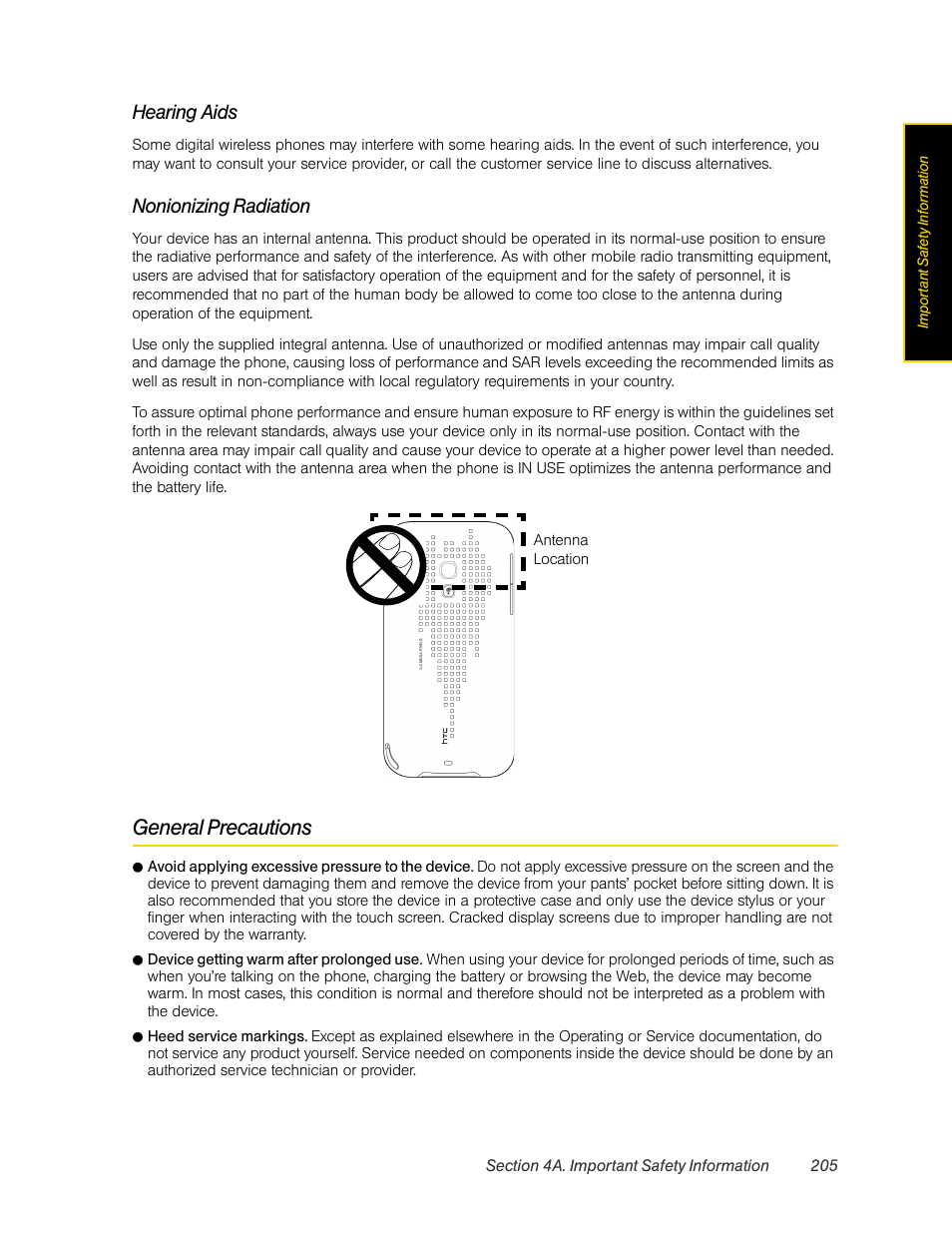General precautions, Hearing aids, Nonionizing radiation | HTC Pro2 User Manual | Page 215 / 234