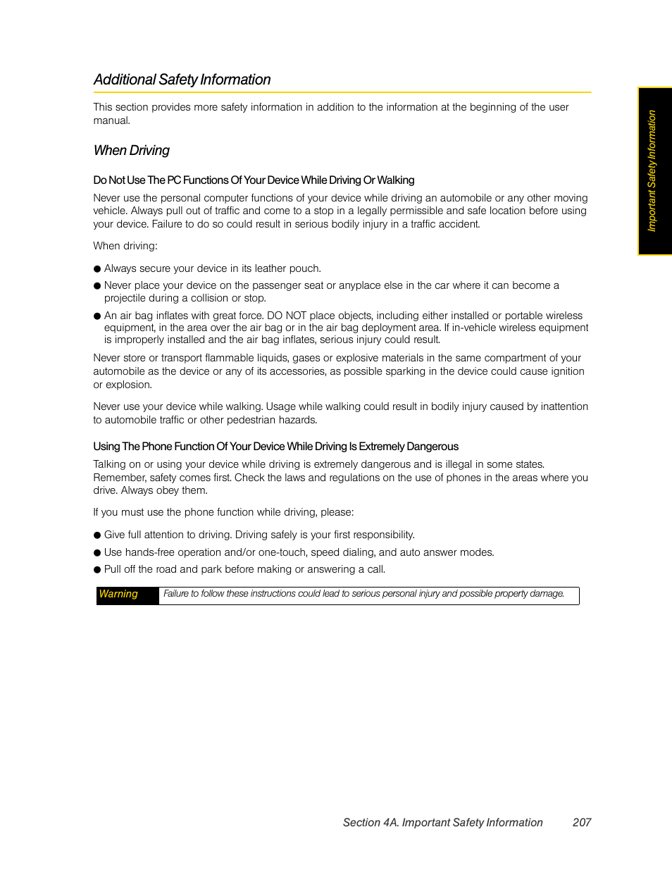 Additional safety information, When driving | HTC Pro2 User Manual | Page 217 / 234