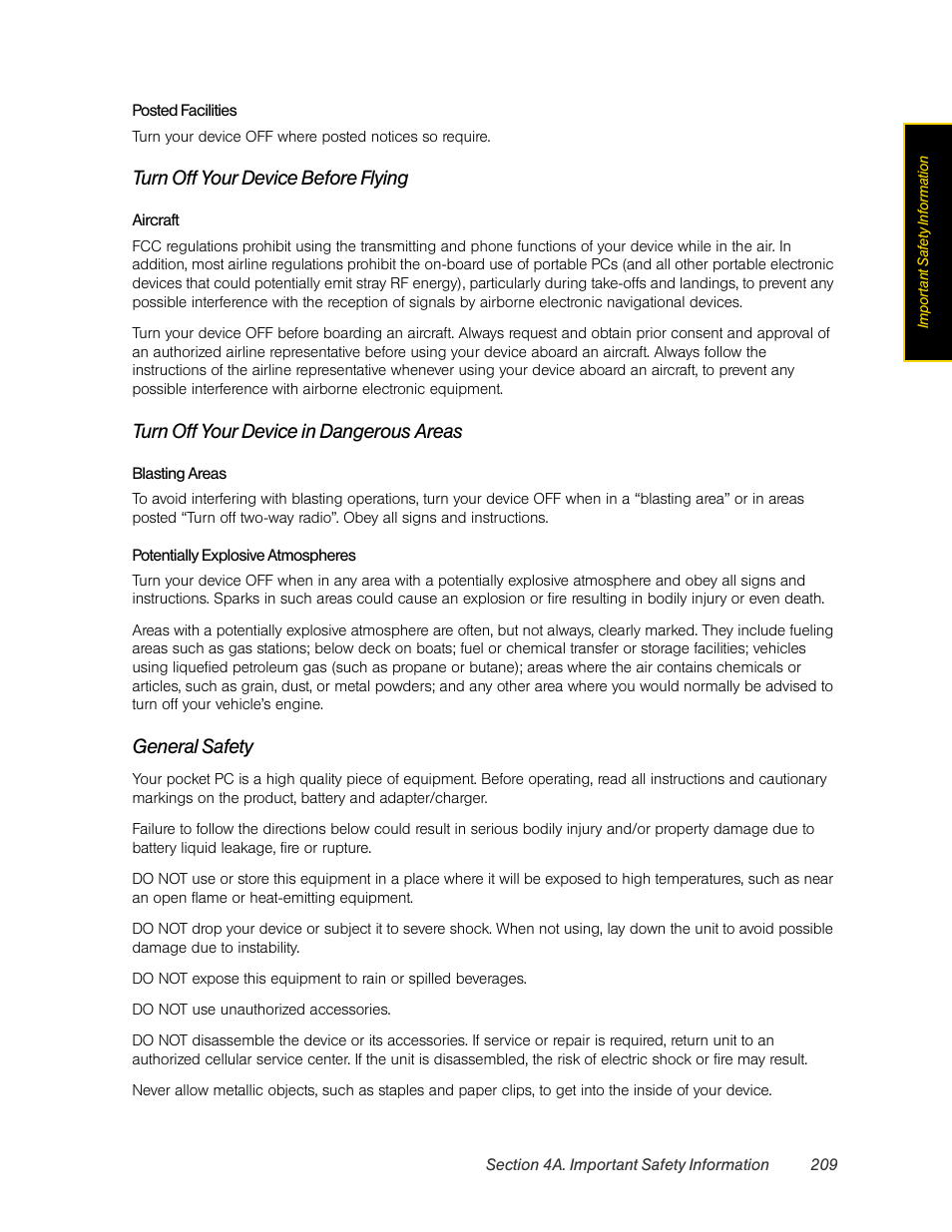 Turn off your device before flying, Turn off your device in dangerous areas, General safety | HTC Pro2 User Manual | Page 219 / 234