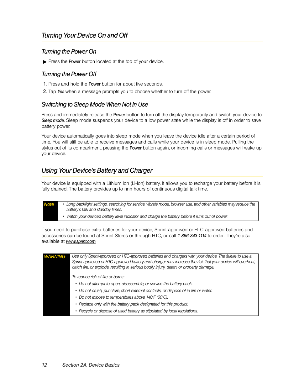 Turning your device on and off, Using your device’s battery and charger, Turning the power on | Turning the power off, Switching to sleep mode when not in use | HTC Pro2 User Manual | Page 22 / 234