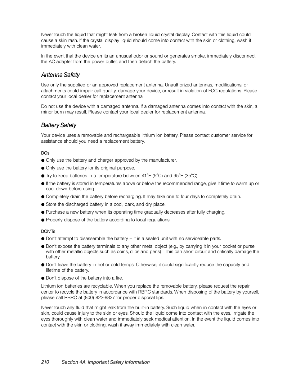 Antenna safety, Battery safety | HTC Pro2 User Manual | Page 220 / 234