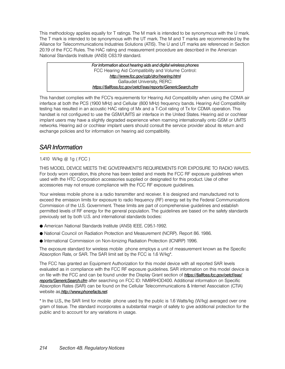 Sar information | HTC Pro2 User Manual | Page 224 / 234