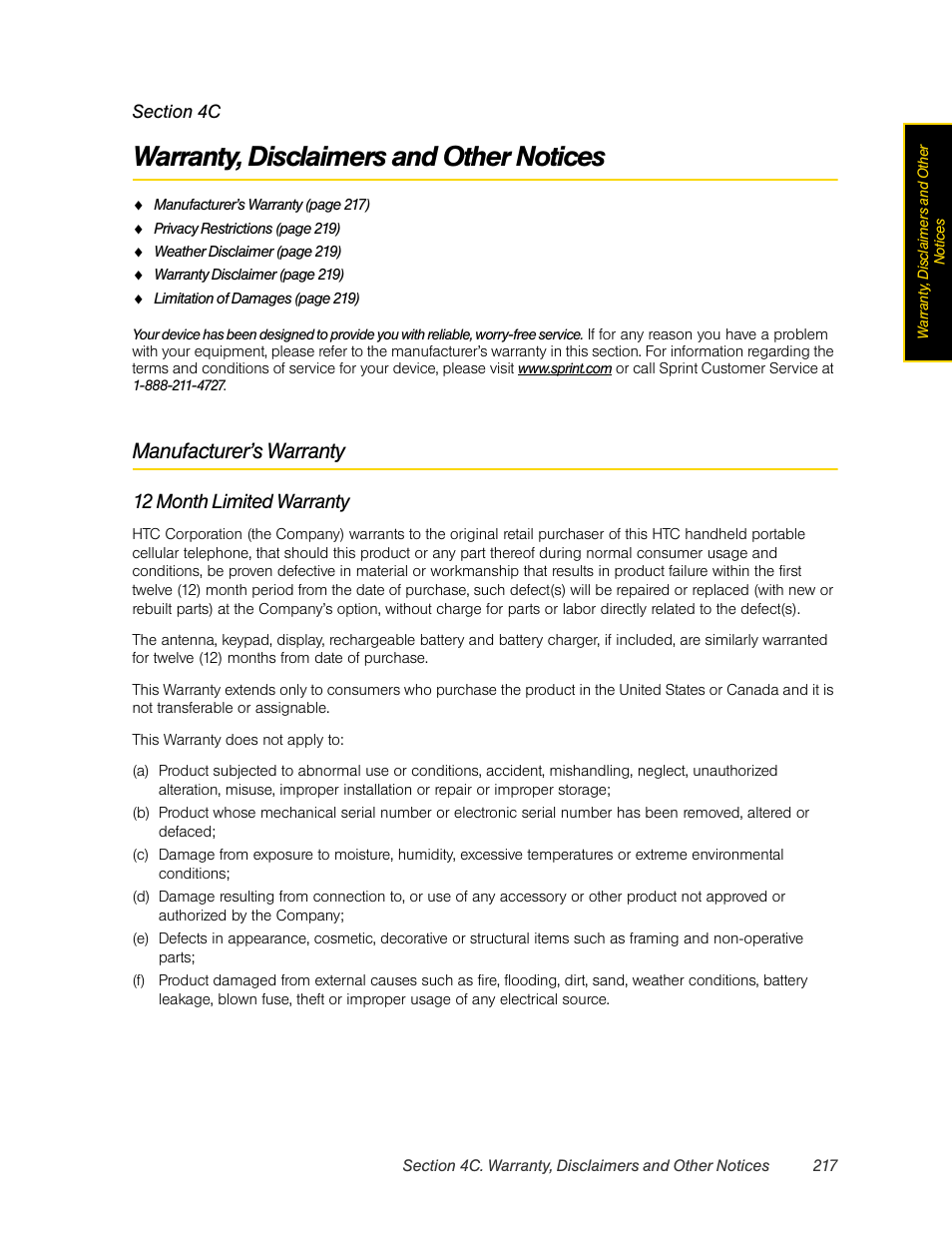 Warranty, disclaimers and other notices, Manufacturer’s warranty, 4c. warranty, disclaimers and other notices | 12 month limited warranty | HTC Pro2 User Manual | Page 227 / 234