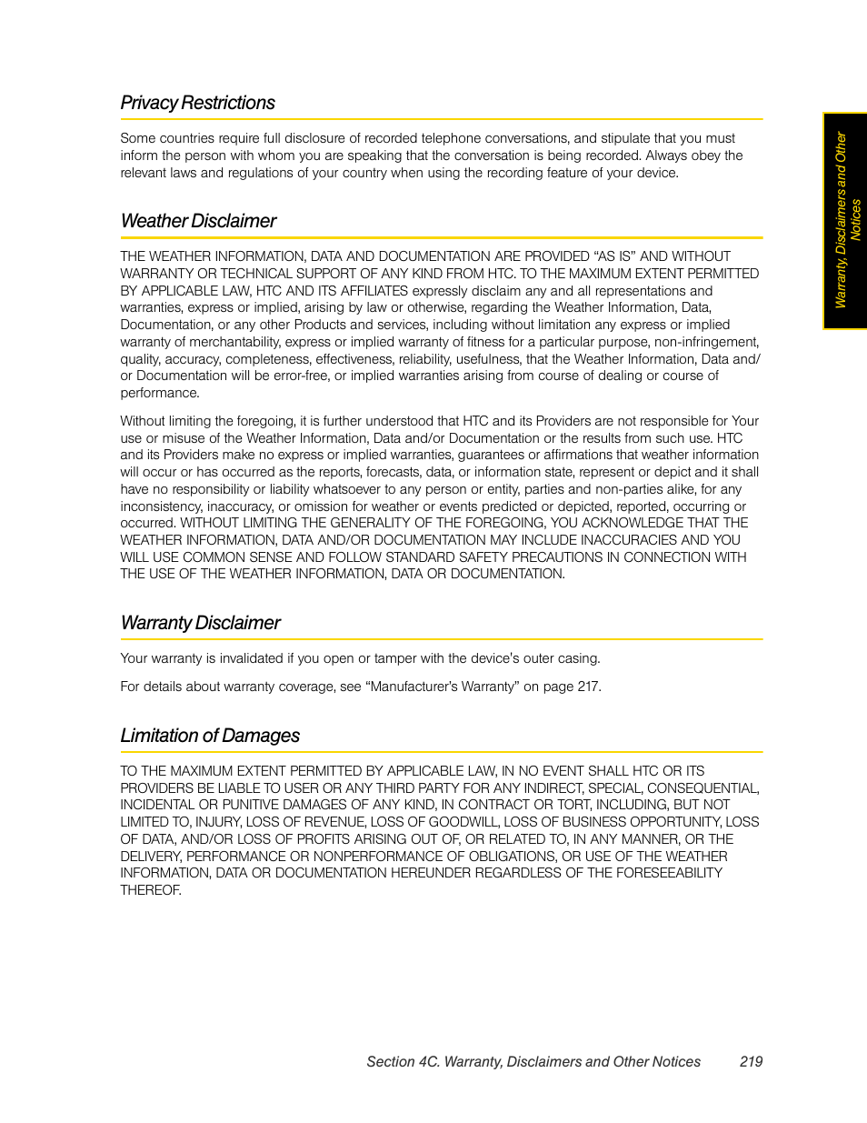 Privacy restrictions, Weather disclaimer, Warranty disclaimer | Limitation of damages | HTC Pro2 User Manual | Page 229 / 234