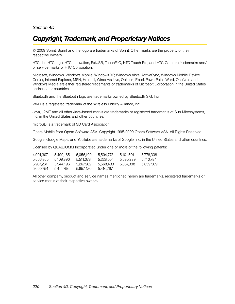 Copyright, trademark, and properietary notices, 4d. copyright, trademark, and properietary notices | HTC Pro2 User Manual | Page 230 / 234