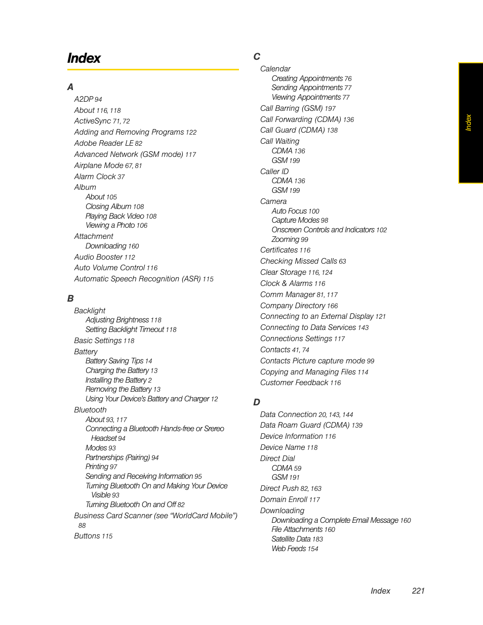 Index | HTC Pro2 User Manual | Page 231 / 234