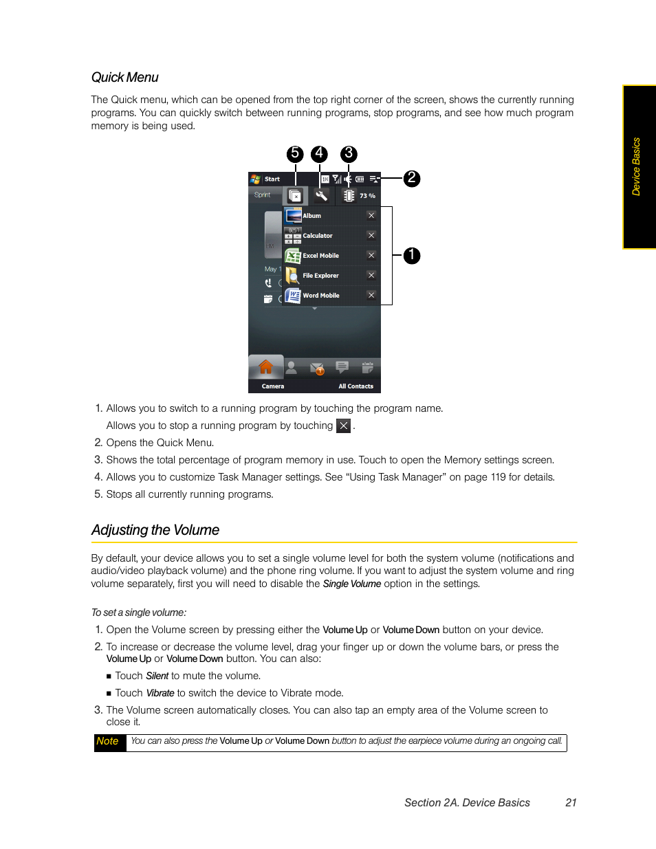 Adjusting the volume, Quick menu | HTC Pro2 User Manual | Page 31 / 234