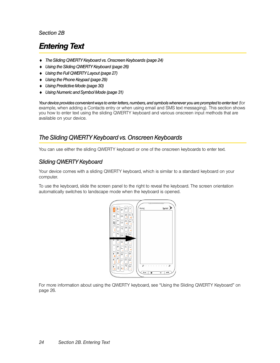 Entering text, The sliding qwerty keyboard vs. onscreen keyboards, 2b. entering text | Sliding qwerty keyboard | HTC Pro2 User Manual | Page 34 / 234