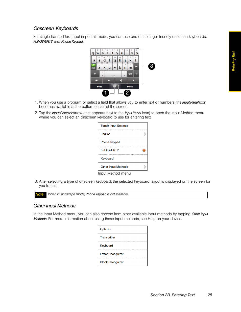 Onscreen keyboards, Other input methods | HTC Pro2 User Manual | Page 35 / 234
